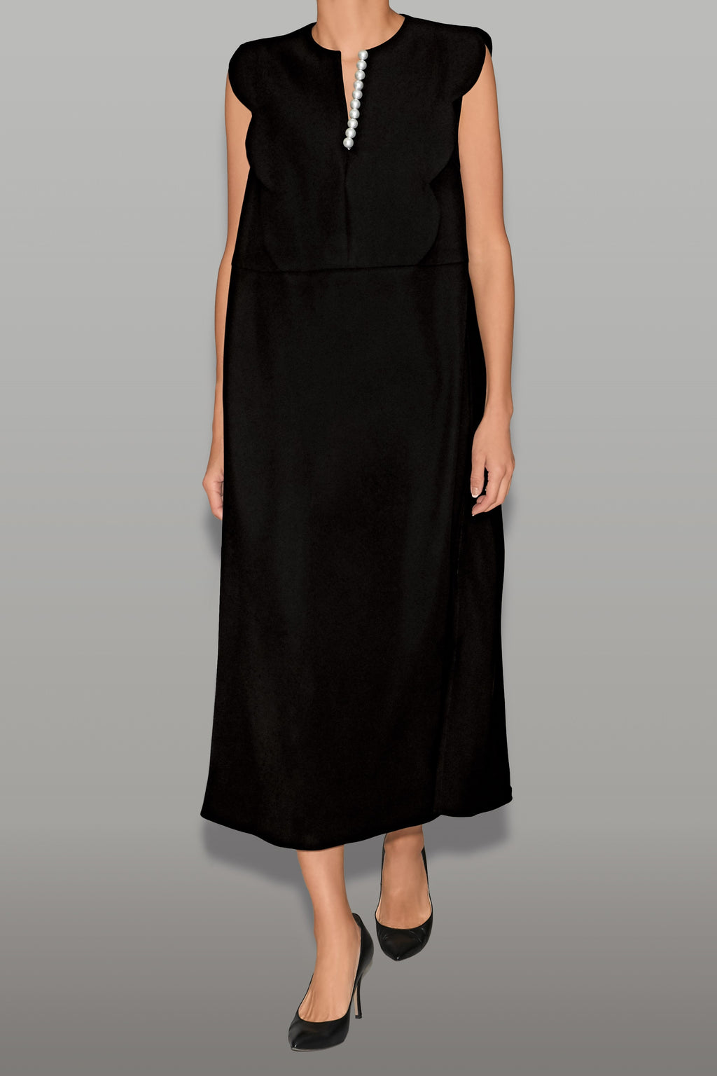YOKO CHAN パールアイラインノースリーブドレス ノースリーブパールスリットラインスカラップフローイングドレス