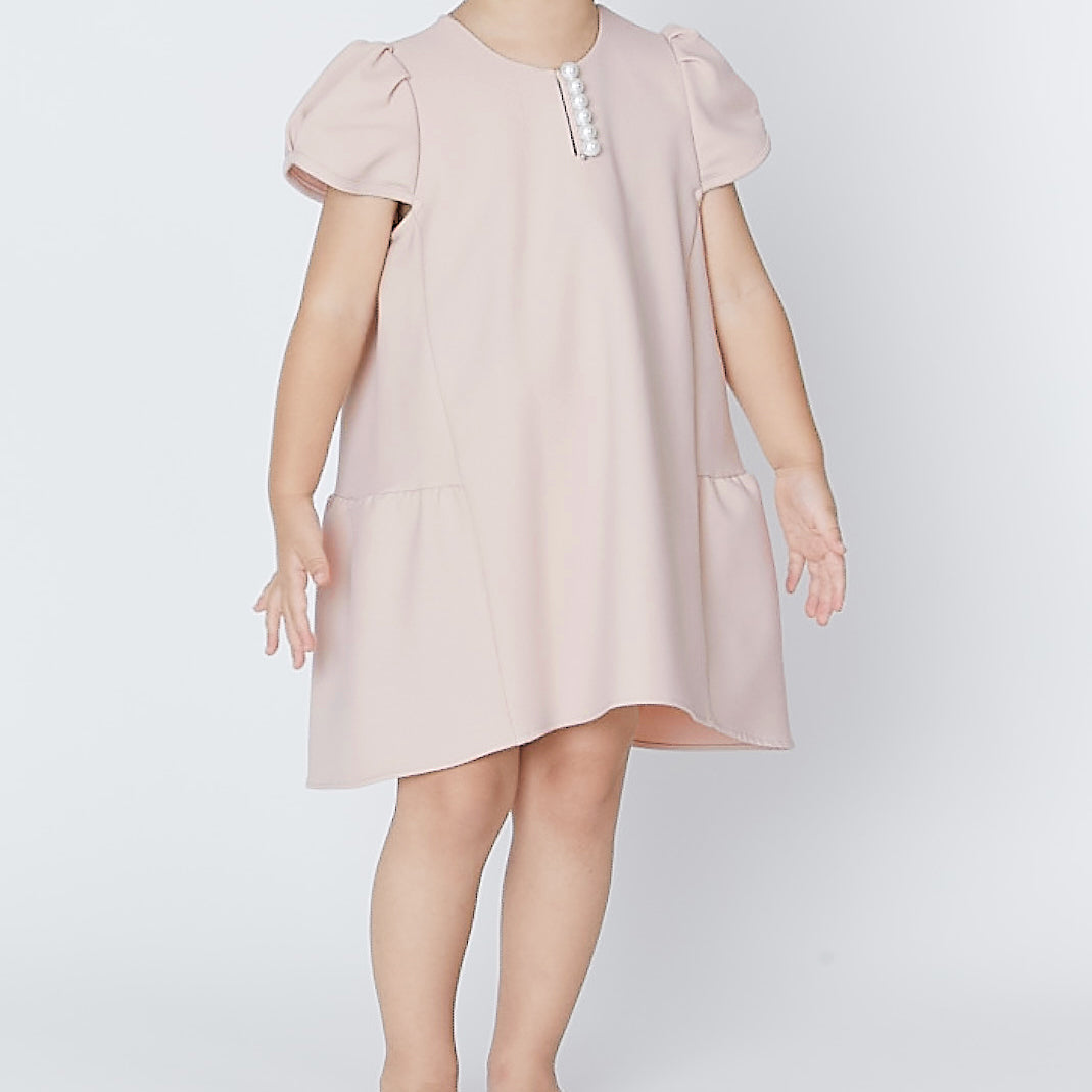 Puff sleeve back tiered pearl dress