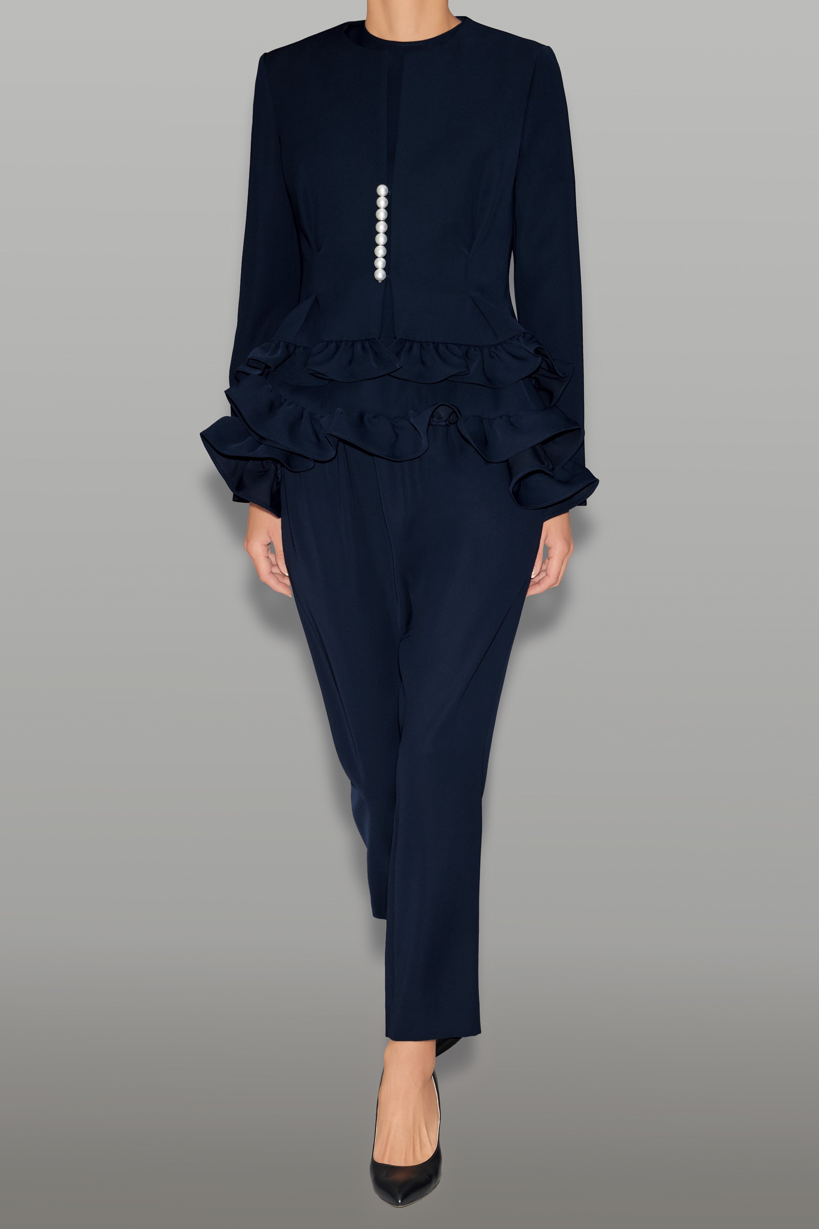 ノーカラーフリルパールジャケット – YOKO CHAN