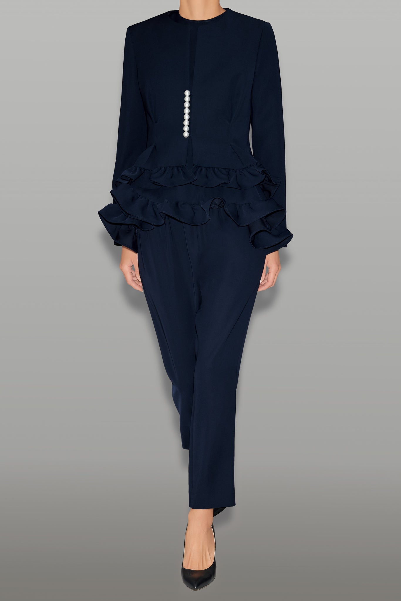 ノーカラーフリルパールジャケット – YOKO CHAN